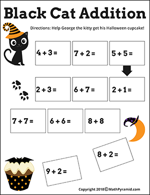 black cat addition Halloween worksheet for kindergarten