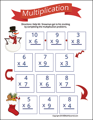 Christmas math worksheet with multiplication