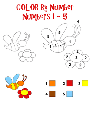 bees color by number math worksheet for numbers 1 - 5