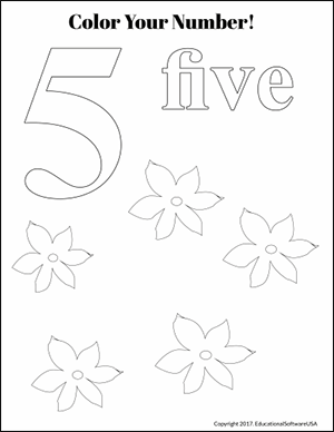 flowers color the number 5 kindergarten math worksheet