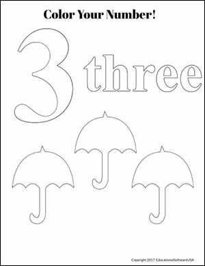 umbrella color by number three kindergarten worksheet