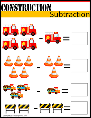 Construction Themed Subtraction Worksheet for kindergarten