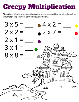 color by number multiplication Halloween math worksheet
