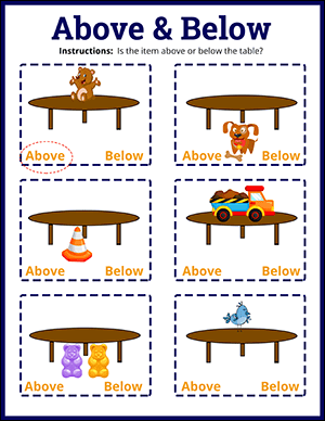 Above and Below Math Worksheets | Kindergarten Math Worksheets