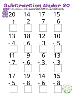 printable subtraction worksheet with numbers under 20