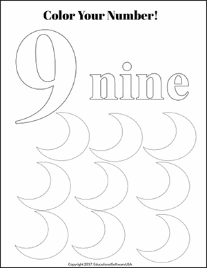 color the number 9 kindergarten math worksheet