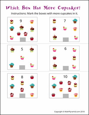 select the box with more cupcakes in them math worksheet