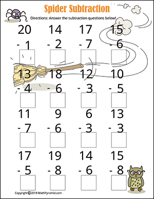 subtraction under 20 halloween math worksheet