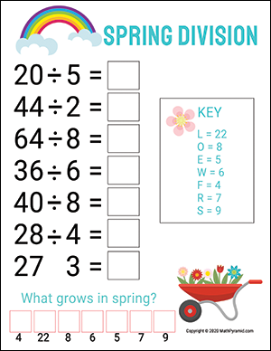 3rd grade division worksheet spring themed
