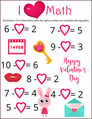subtraction missing number valentines worksheet